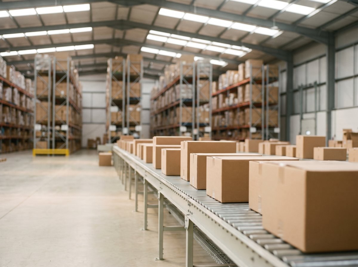 Packed parcels moving along a conveyor in a fulfilment centre