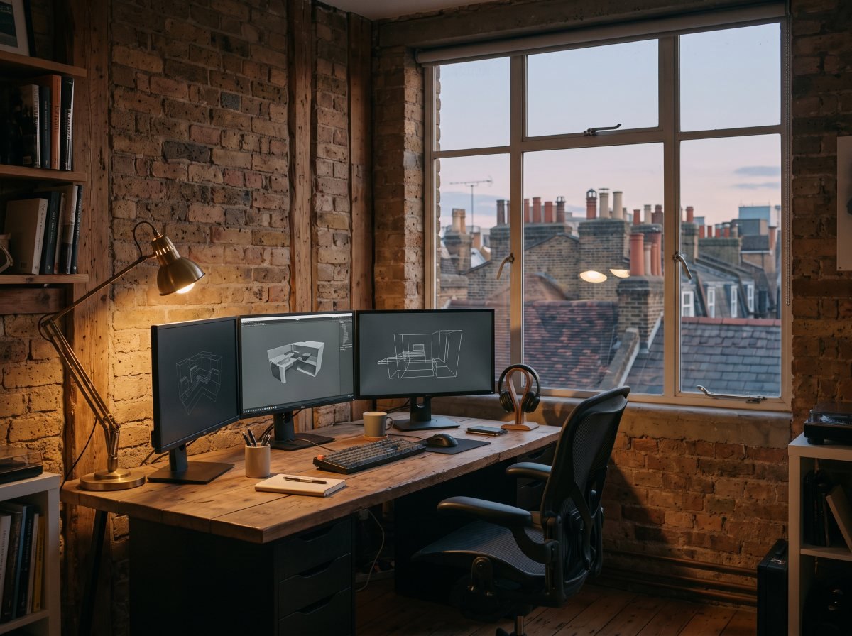 A games studio desk at dusk above London rooftops