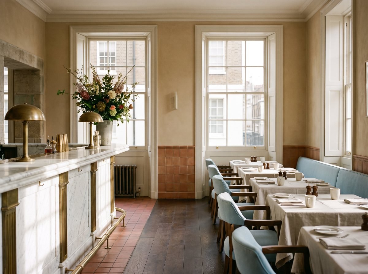 A London hotel dining room set and empty before service