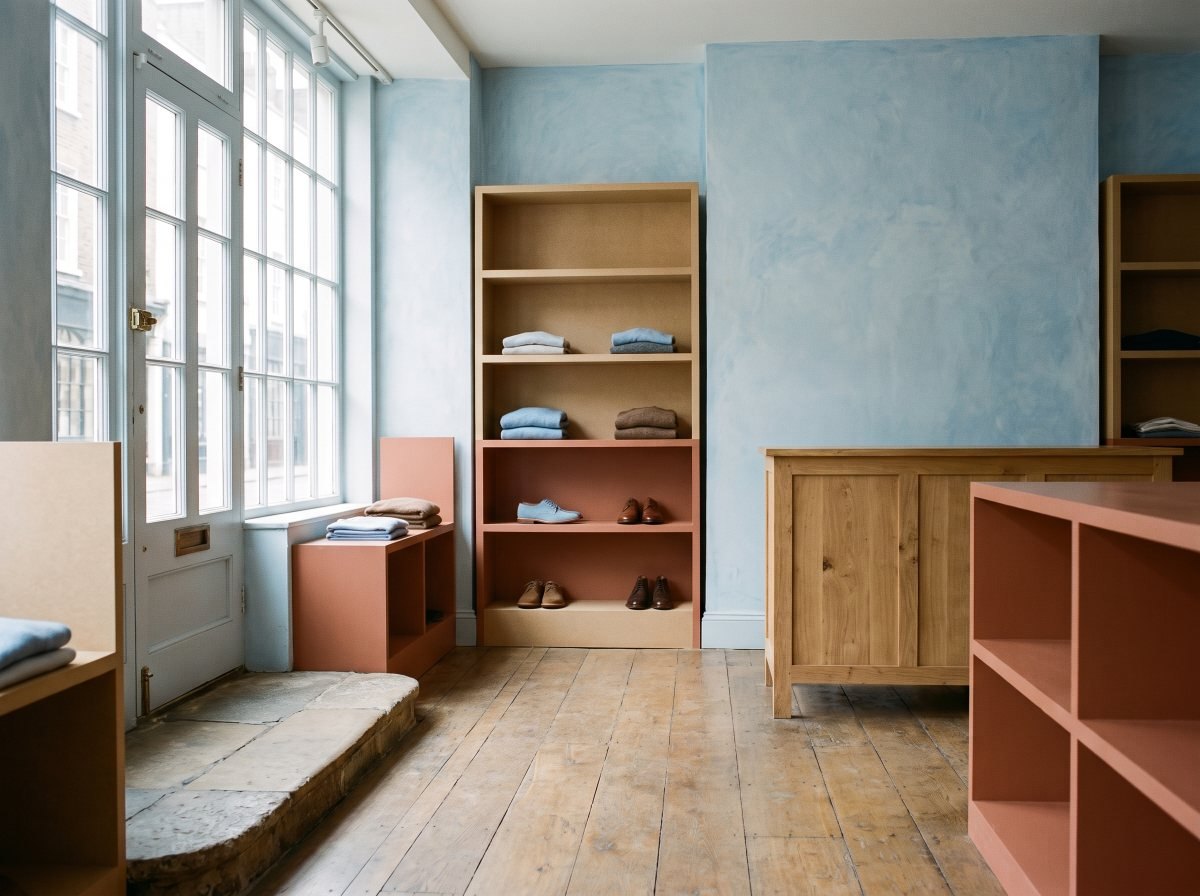 Timber fixtures and sparse displays in a high street shop at opening