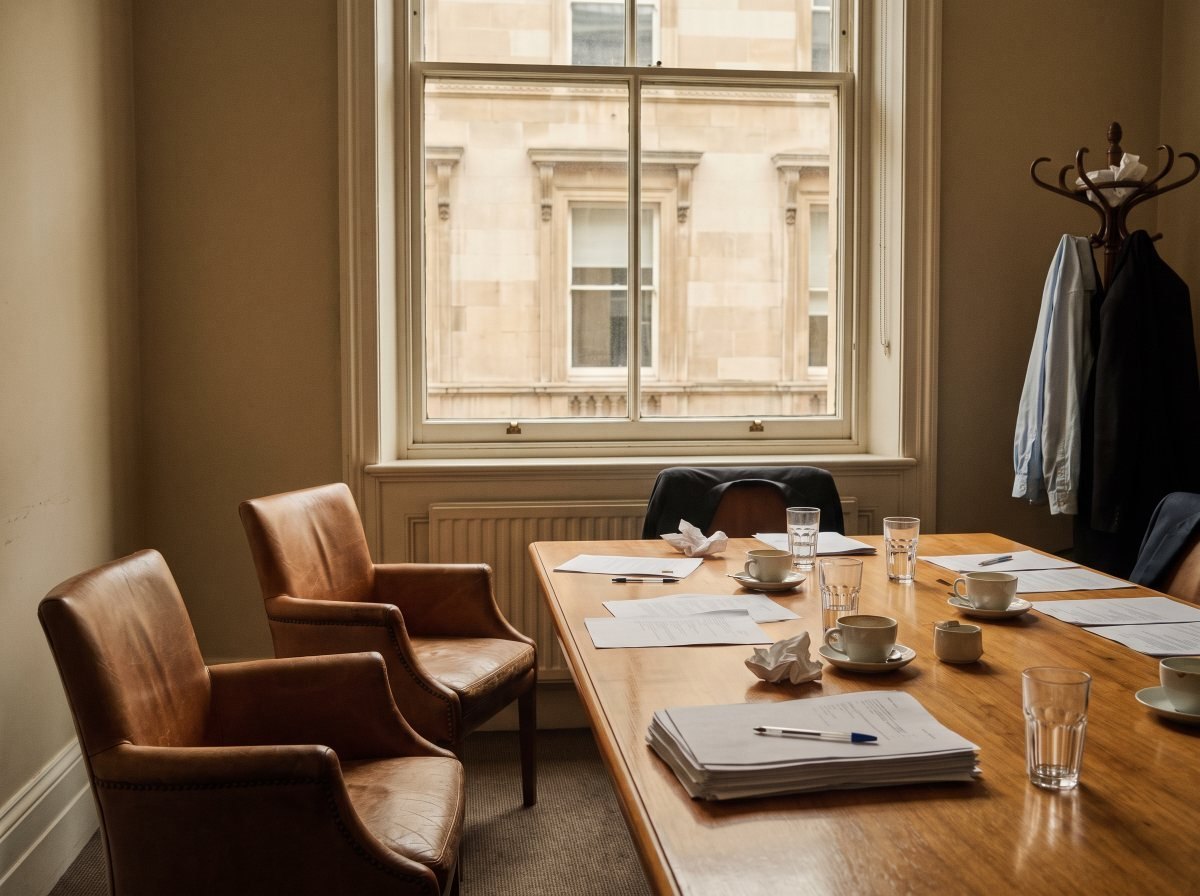 Chairs pushed back from a boardroom table after a negotiation