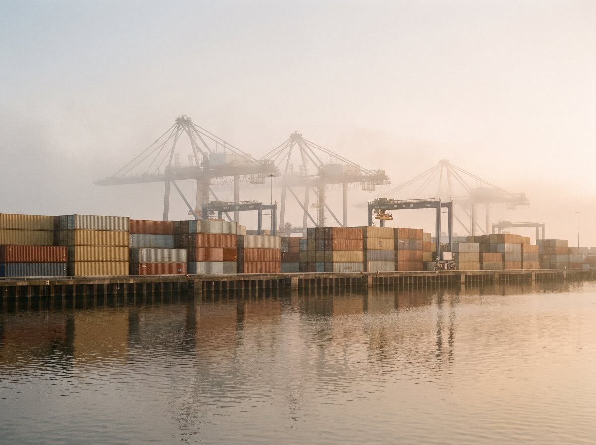 Stacked containers and gantry cranes at a UK port at first light