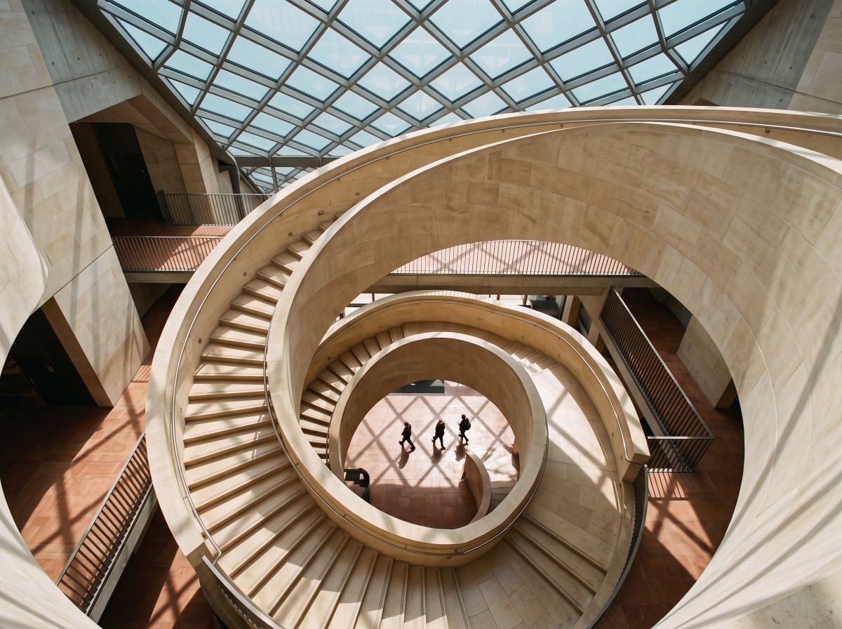 A stone stair seen from above in an office atrium